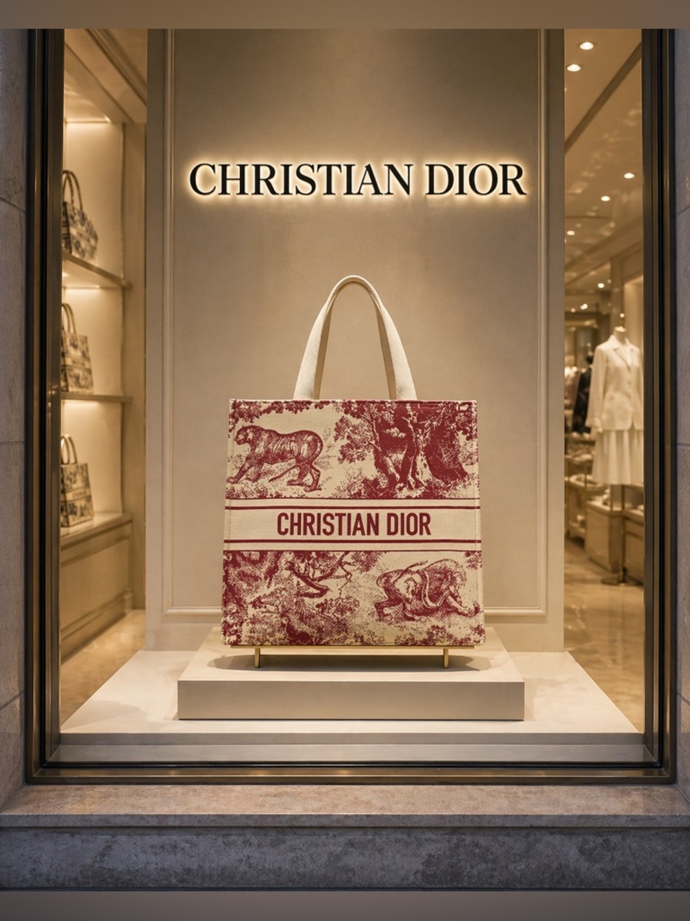 Christian Dior Toile de Jouy Canvas Tote in Red and Cream w/ bag charm NWOT